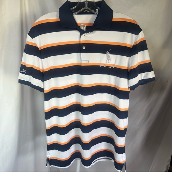 Ralph Lauren RLX Men’s Striped Polo Performance Golf Shirt White,Navy & Orange M - Picture 2 of 7